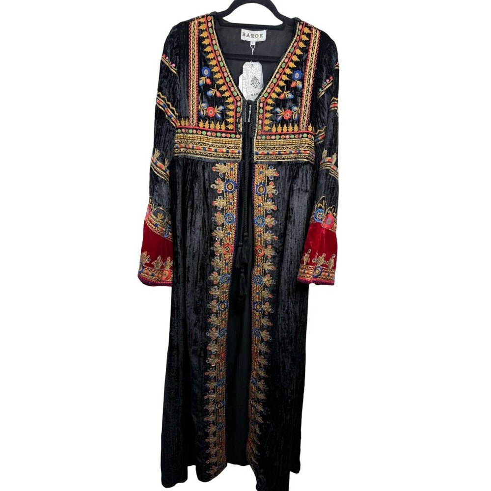Baroque Black Embroidered Long Coat with Red Accent